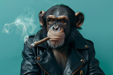monkey in a leather jacket smokes a cigar