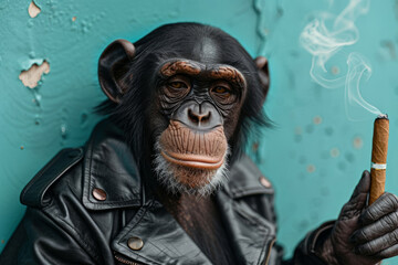 monkey in a leather jacket smokes a cigar