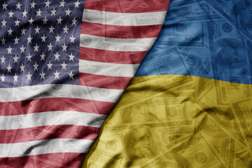 big waving colorful flag of united states of america and national flag of ukraine on the dollar...