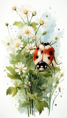 A cute ladybug sitting on a green leaf with spring flowers, Watercolor