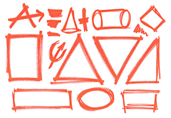 Set grunge scribble geometric shapes, red marker isolated on white background