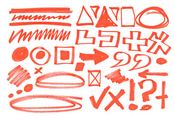 Set grunge scribble, hatched design elements, red marker isolated on white background