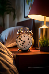 Alarm clock on the nightstand next to the bed in a bedroom