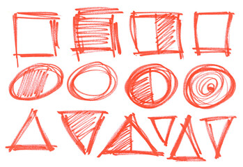 Set grunge scribble geometric shapes, red marker isolated on white background