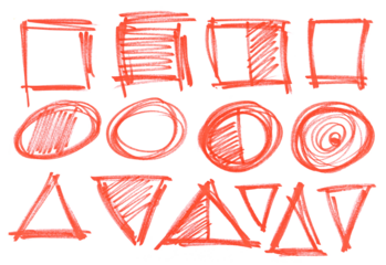 Set grunge scribble geometric shapes, red marker isolated on white background