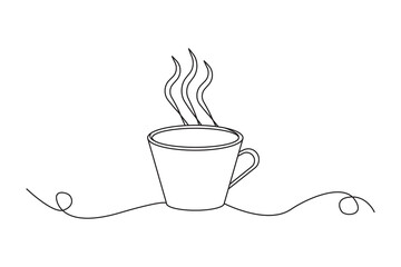 Steaming coffee cup line art. Continuous line drawing. Vector hot beverage.