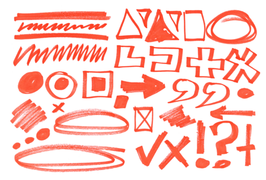 Set grunge scribble, hatched design elements, red marker isolated on white background - Powered by Adobe