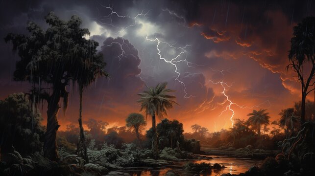 Dramatic Lightning Storm Over a Lush Tropical Jungle at Night