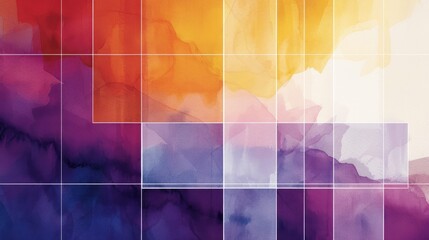 Colorful watercolor with gradient of sunset painting with white squares. A colorful abstract painting with vibrant shades of purple and orange. Image of brushstrokes in the orange and purple. AIG42.
