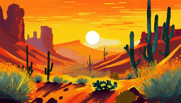 illustration of desert canyon at sunset with cacti, shrubs, and mesas. scenic landscape background. 