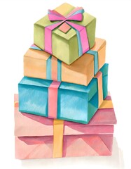 illustration of a stack of colorful paper gift boxes with ribbon and bows on a white background