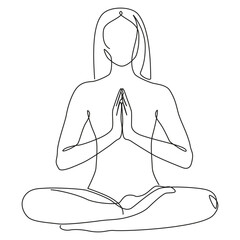Woman one line art. Yoga minimalist drawing. 
Female poster. Digital black and white print on a white backgraund.