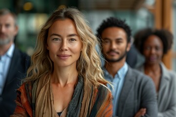 Fototapeta premium A professional female leader stands in front of her diverse team, exuding confidence and inclusivity in a corporate setting