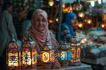 Obraz premium traditional colorful glass lanterns at the craft market. Selective focus, blurred background