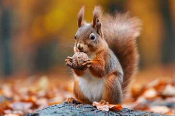 Fototapeta premium squirrel holds nut in autumn park