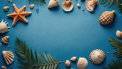 Obraz premium A blue background with shells and palm leaves border a blue empty background side, middle of the background are fully empty 2