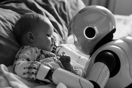 Black and white image of a realistic robot tenderly engaging with a sleeping infant in a cozy, nurturing home setting