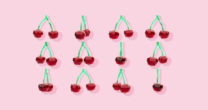 Looped rotating 3d crystal cherry with gloss texture on pink background with shadow