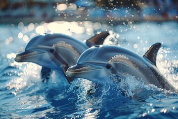 Pair of joyful dolphins emerge from sparkling blue waters in a display of grace and agility
