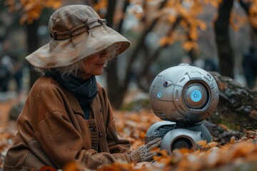 Intimate scene capturing a human and a robot with blurred face engaged in an interaction amid fall foliage