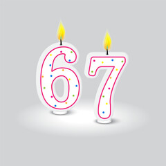 Birthday candles 67. Festive colored dots. Celebration design. Vector art.