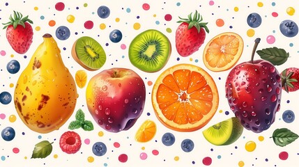 An artistic painting showcasing a colorful array of fresh fruits set against a serene white background