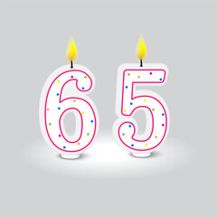 Birthday candle numbers 65. Gradient light top. Colorful dots. Vector illustration.
