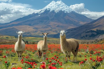 Fototapeta premium Inquisitive llamas stand in a field of red flowers, with a grand mountain providing a stunning background