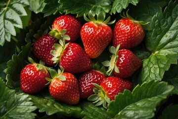 A cluster of ripe strawberries nestled in a bed of green leaves.