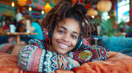 Fototapeta premium Smiling African American Woman Listening to Music with Headphones to Relax in a Vibrant Cafe
