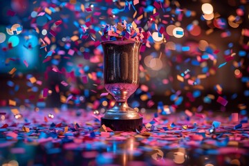 A detailed image capturing an antique trophy cup surrounded by a vibrant shower of colorful confetti, symbolizing celebration and victory