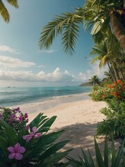 A tropical beach scene with palm leaves and flowers