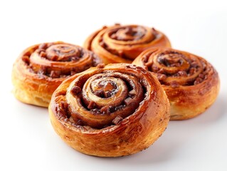 Photo of freshly baked cinnamon rolls, isolated white background with clear studio light