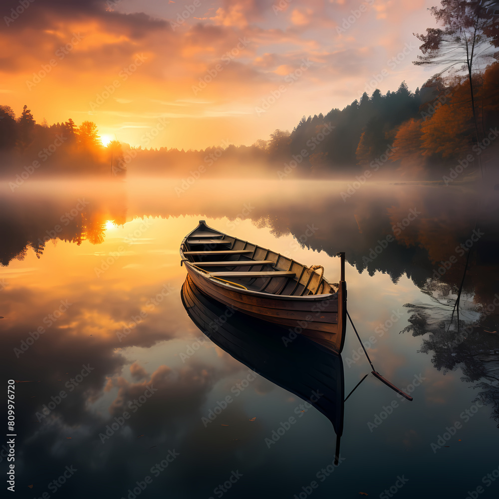 Canvas Prints A boat on a peaceful lake at sunrise. 