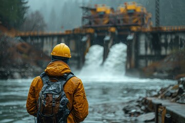 An engineer stands in the rain, facing the powerful water spillway of a hydroelectric dam, symbolizing human triumph
