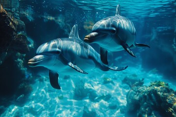 Fototapeta premium Twin dolphins caught in a moment of underwater serenity, surrounded by the clear blue beauty of the ocean