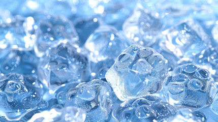 Crystal clear ice cubes as background, top view