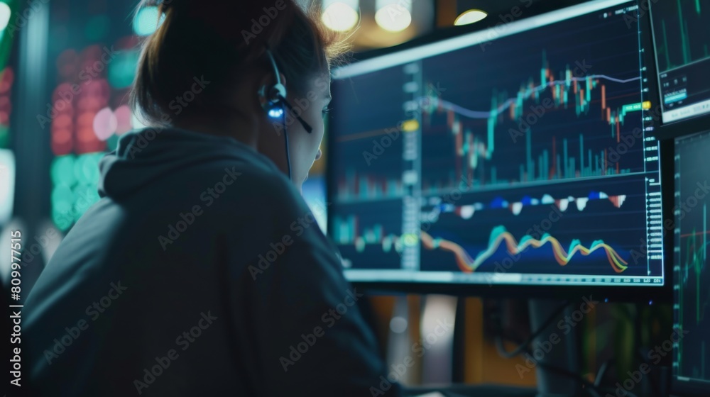 Poster A person is intently monitoring stock market charts on a computer screen in a dimly lit office environment.