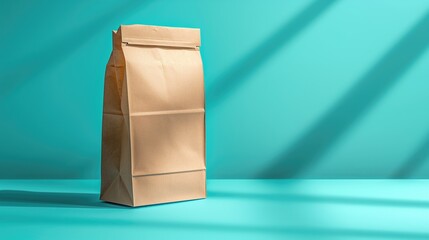 Brown paper bag standing on blue background with shadows and copyspace for coffee or shopping branding concept