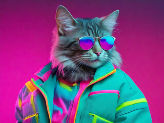  a dashing Gen-Z cat dons chic neon attire, blending European flair with retro vaporwave vibes, claiming the fashion throne with ample copy space.