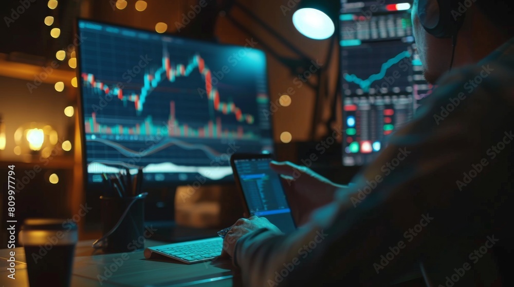 Aufkleber a stock market trader reviews live trading charts on computer monitors in a nighttime office setting
