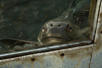 A close up image of a turtle looking out of a window. Perfect for nature or curiosity concepts