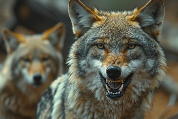 Fototapeta premium A captivating close-up shot captures the fierce expression and bared teeth of a gray wolf, conveying the raw power and wildness of nature