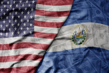 big waving colorful flag of united states of america and national flag of el salvador on the dollar...