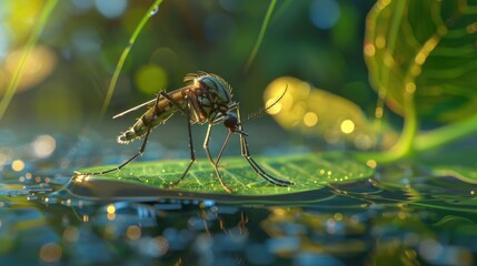 A mosquito perched on a vibrant green leaf, perfect for nature or pest control concepts