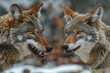 Obraz premium This dynamic image showcases a pair of wolves engaging with each other, possibly in play or communication, against a snowy backdrop