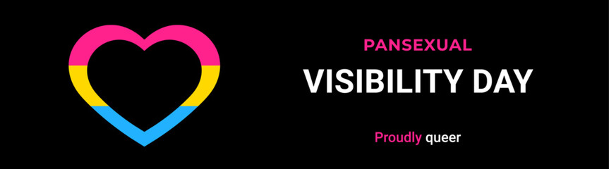 Pansexual Awareness and Visibility Day 24th May, pansexual flag in a heart shape. Pansexual Visibility Day vector banner isolated on a black background.