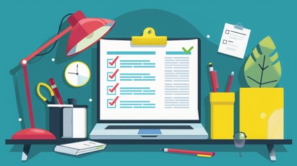 A computer displaying a checklist with tick marks, surrounded by an organized desk workspace including lamp, clock, and stationery.