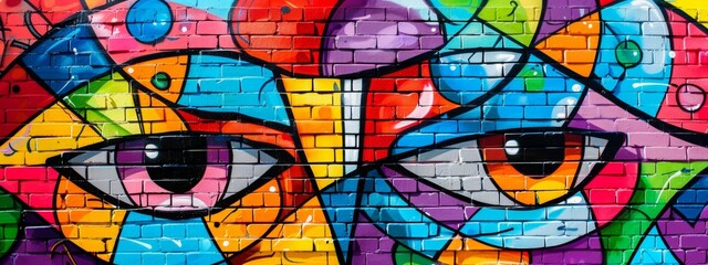 Obraz premium Colorful graffiti text on a yellow brick wall background. The graffiti is in the style of colorful street art.