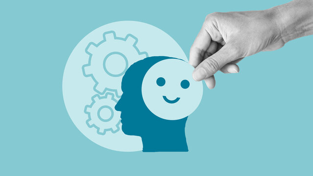 Positive behaviorism concept. Boosting productivity abilities, business motivation Sign. Enterprise impetus. Hand holding happy smile inside human brain